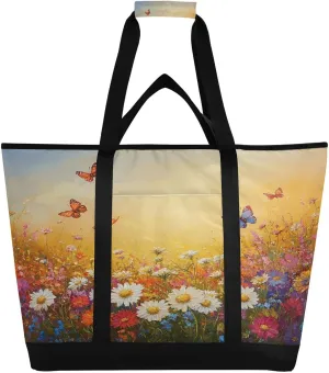 Daisy Butterfly Reusable Insulated Lunchbox Cooler Bag, Leakproof Kitchen Grocery Bag Collapsible Portable Cooler Tote Bag for Picnic, Camping, Office, Travel