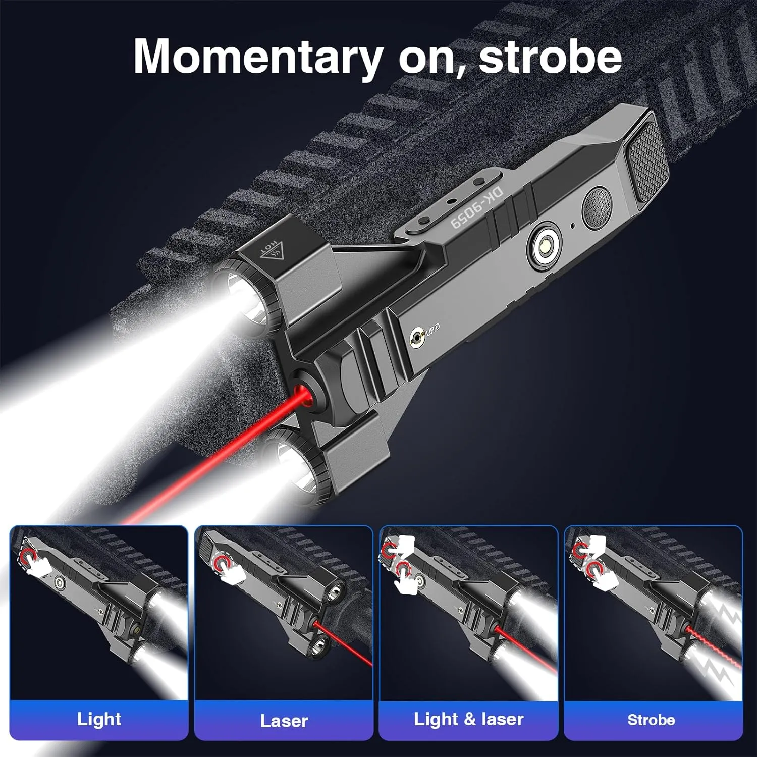 DARKFANG 1450 Lumen Tactical Flashlight with Red Laser Beam Combo, Low Profile Design Rechargeable Weapon Light for Picatinny Rail