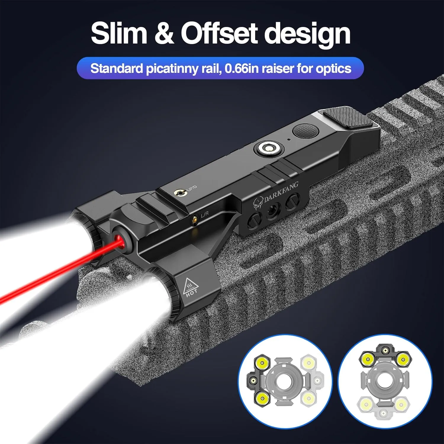 DARKFANG 1450 Lumen Tactical Flashlight with Red Laser Beam Combo, Low Profile Design Rechargeable Weapon Light for Picatinny Rail