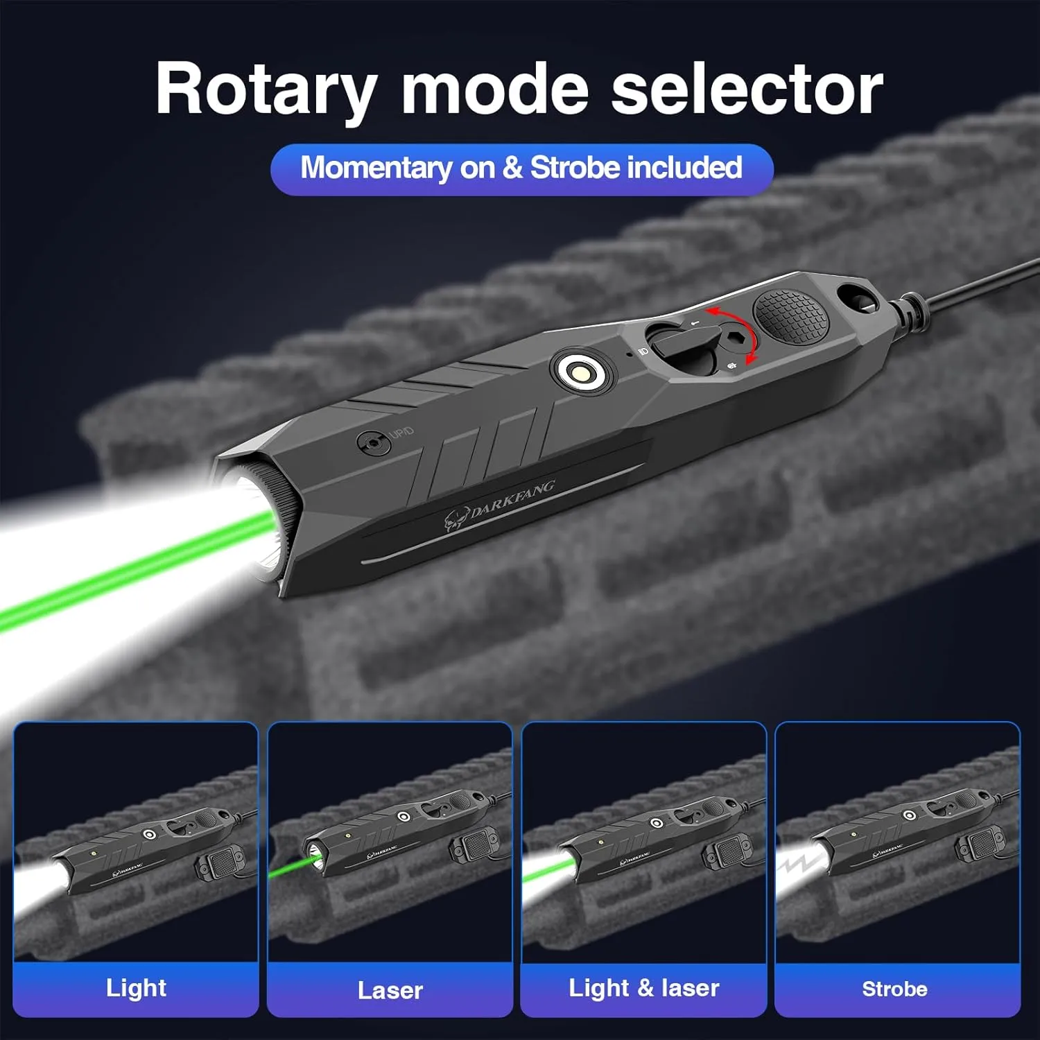 DARKFANG Tactical Flashlight and Green Laser Combo for Rifle, 1450 Lumen Weapon Light with Remote Switch for Mlok Rail