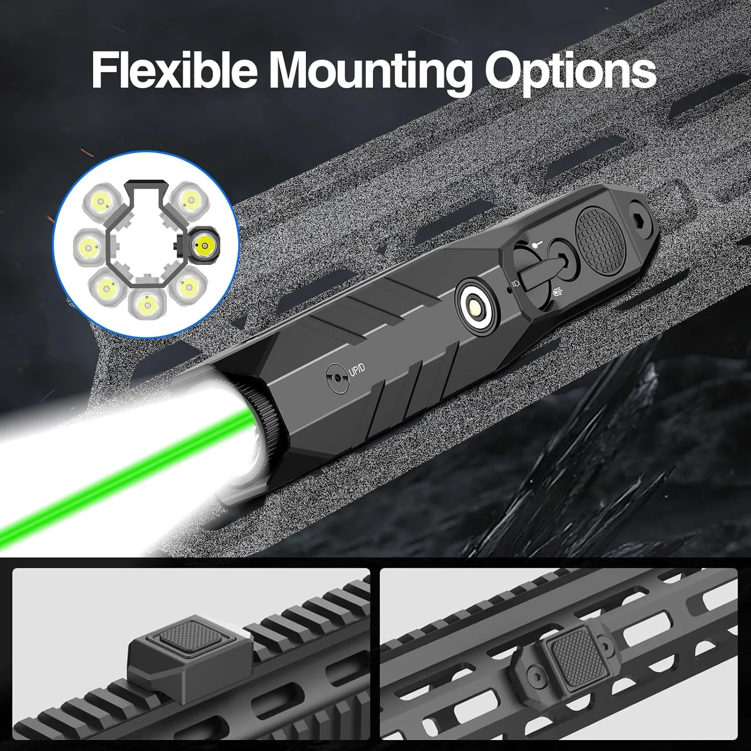 DARKFANG Tactical Flashlight and Green Laser Combo for Rifle, 1450 Lumen Weapon Light with Remote Switch for Mlok Rail
