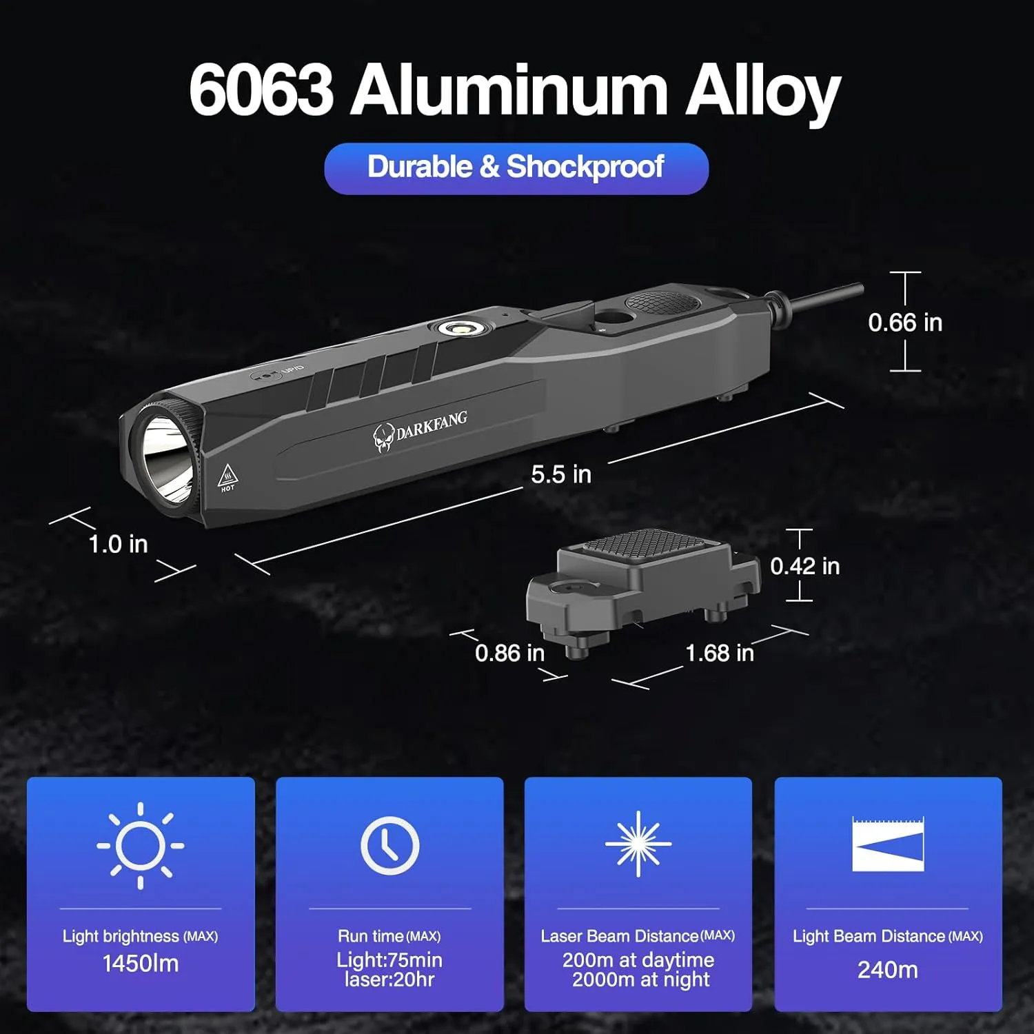 DARKFANG Tactical Flashlight and Green Laser Combo for Rifle, 1450 Lumen Weapon Light with Remote Switch for Mlok Rail