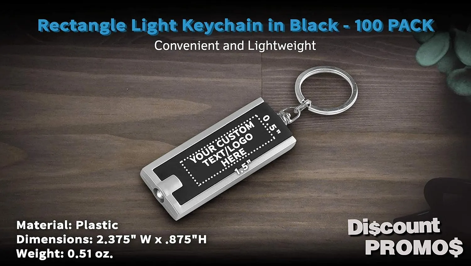 DISCOUNT PROMOS 100 Flashlight Keychains Pack - Customizable Text, Logo - Rectangle, Plastic - Black