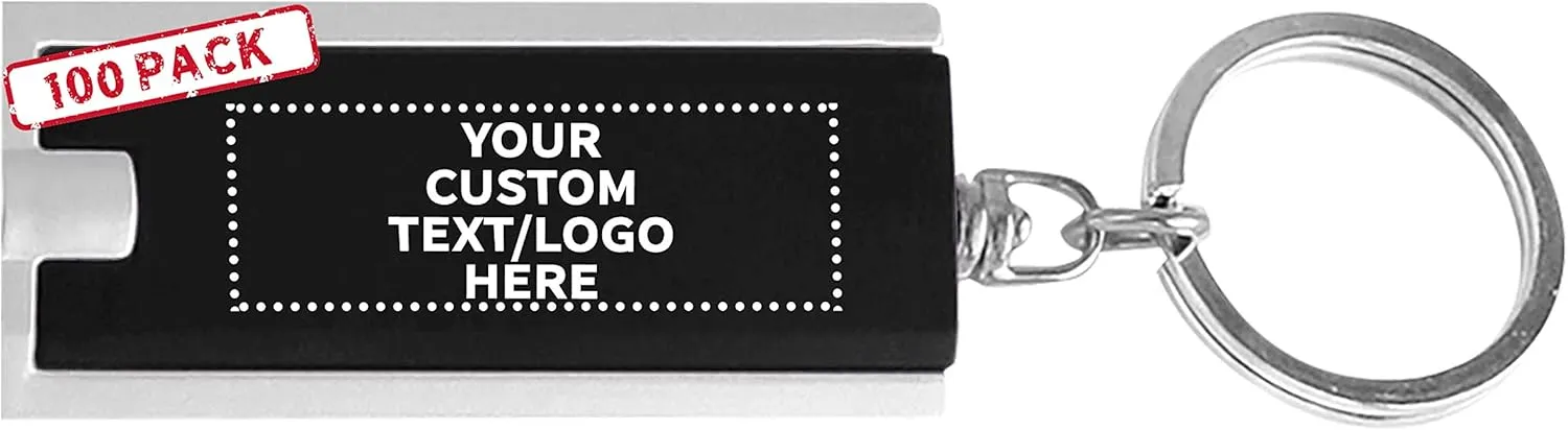 DISCOUNT PROMOS 100 Flashlight Keychains Pack - Customizable Text, Logo - Rectangle, Plastic - Black