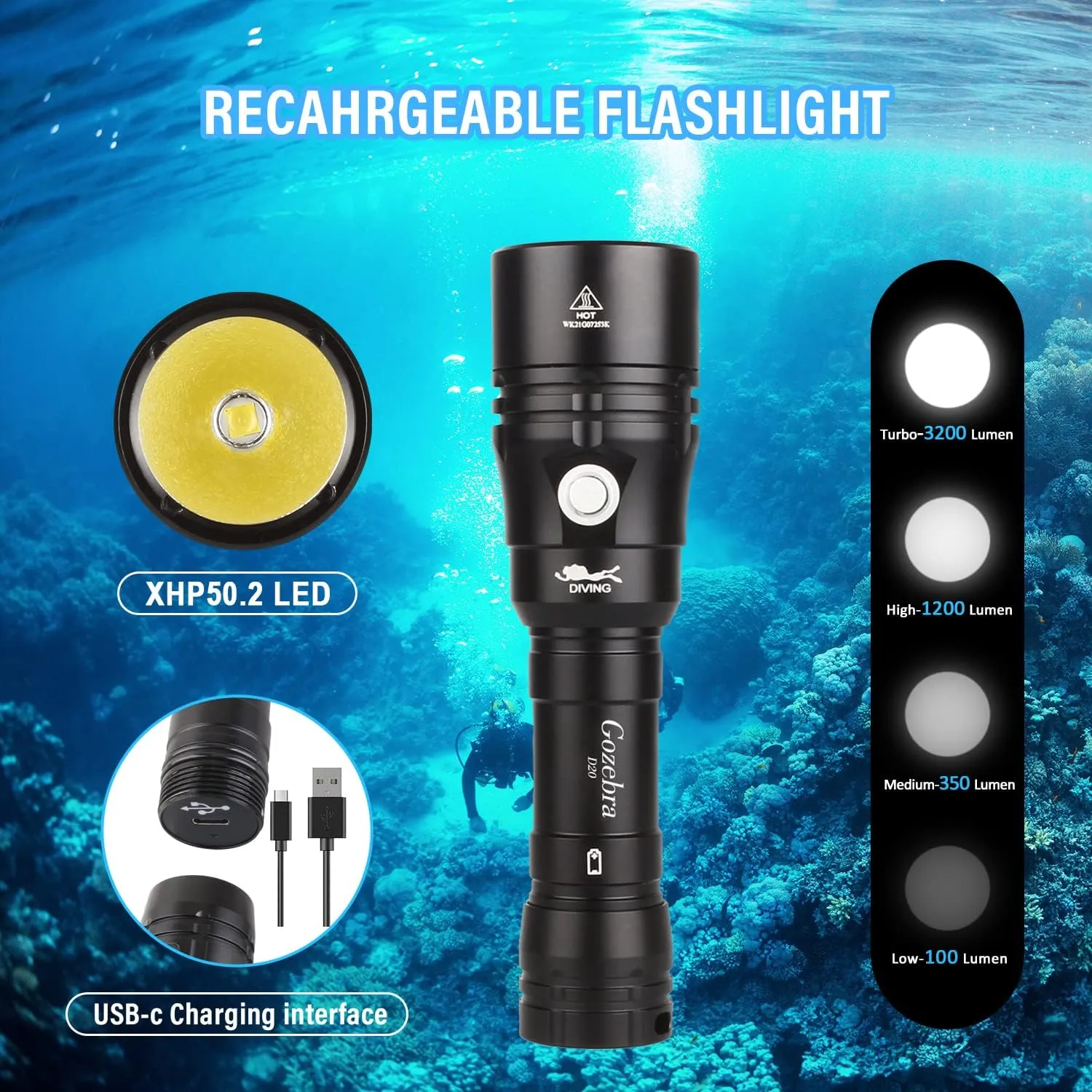 Diving Flashlight, D20 3200 Lumen Scuba Dive Light, Rechargeable Diving Lights Underwater Waterproof Flashlight with Hidden USB C Charging Port for Under Water Deep Sea Cave