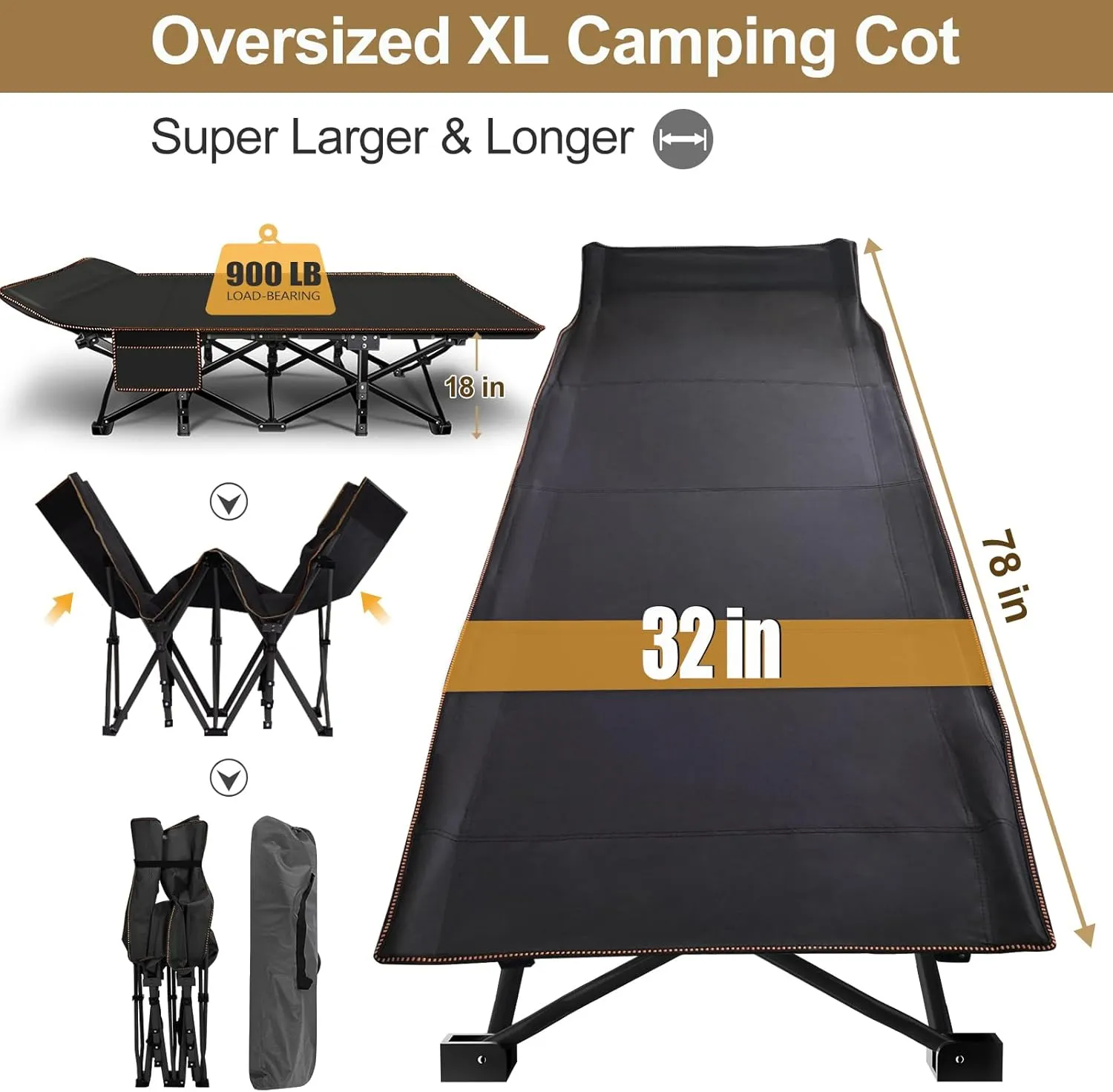 DoCred Oversized XXL Folding Camping Cot with Mattress, Heavy Duty Sleeping Cot Bed Portable Adults Outdoor Bed with Carry Bag, Travel Camp Cots