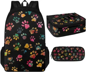 Dog Paw Print School Backpack for Girls 8-10 Kids Backpack Set for Girl Lagre Rucksack with Foldable Reusable Lunch Bag Small Pen Case for Secondary Schools