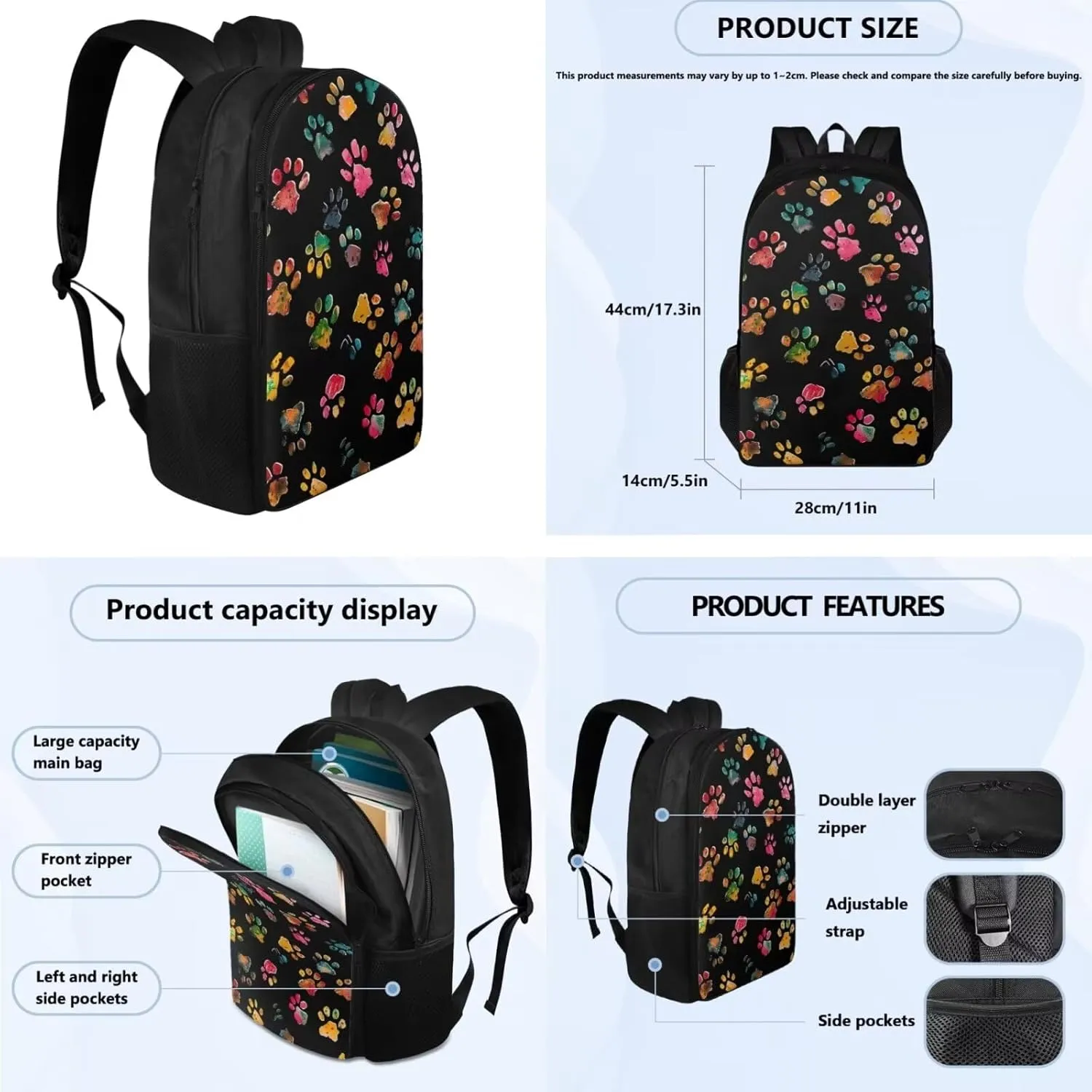 Dog Paw Print School Backpack for Girls 8-10 Kids Backpack Set for Girl Lagre Rucksack with Foldable Reusable Lunch Bag Small Pen Case for Secondary Schools