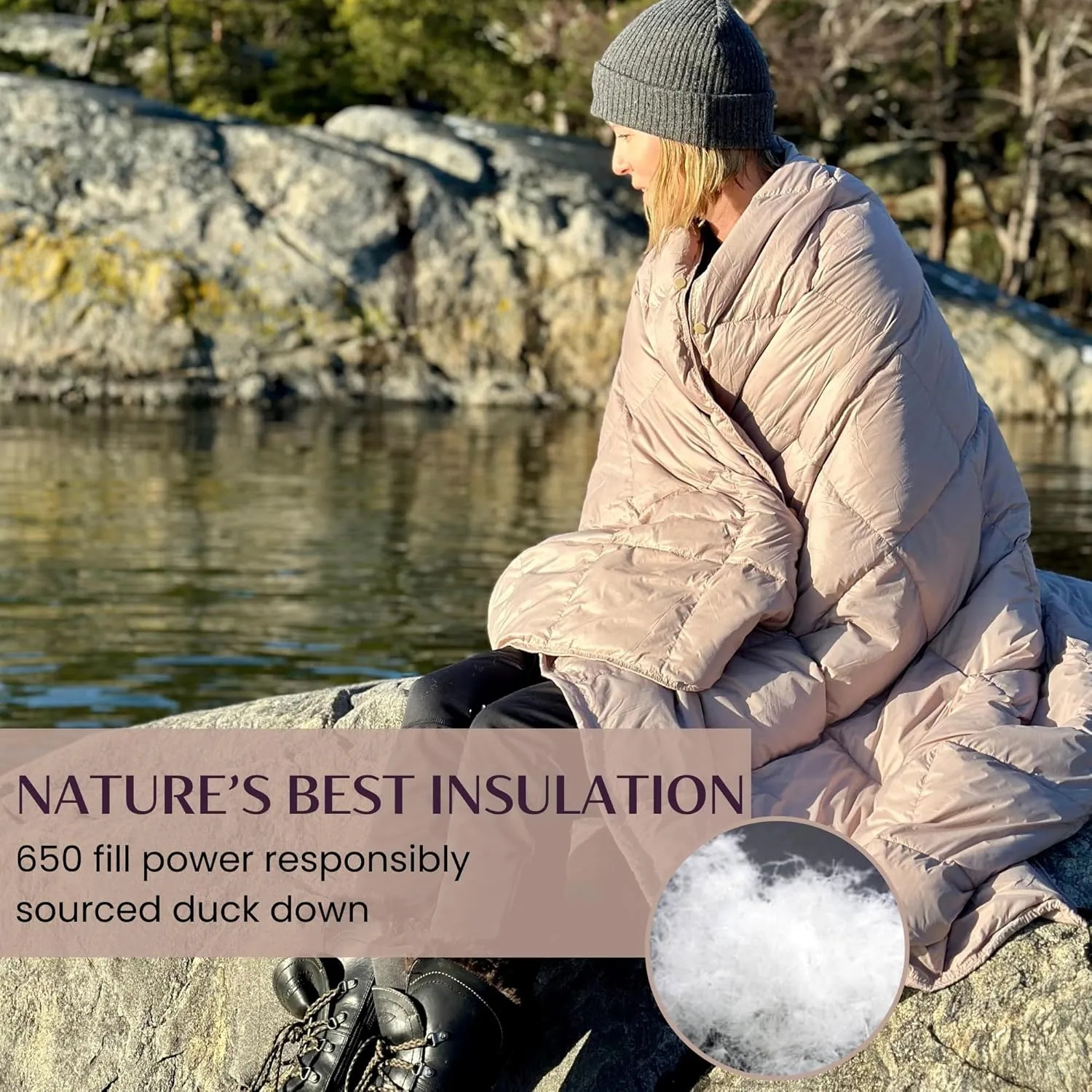 Down Camping Blanket with Footbox - Packable Warm Puffy Lightweight Camp Quilt - Water Resistant for Backpacking Hiking Travel – Compact Outdoor Throw Sleeping Blanket with Bag - 52x77