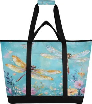 Dragonflies Reusable Insulated Cooler Bag with Ice Pack Compartment - Large 47L Waterproof Thermal Grocery Tote for Picnic Beach Camping Lunch Storage