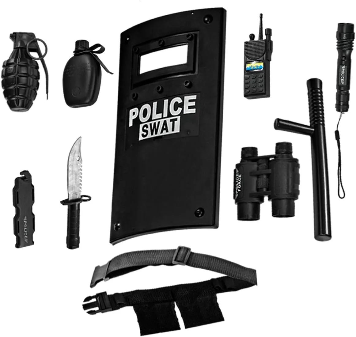 Dress Up America Police Officer SWAT Role Play Set For Kids - Police Pretend Play Accessory Set – Police Force Set Includes Plastic Baton and Binoculars Shield, Adjustable Belt, Flashlight & More