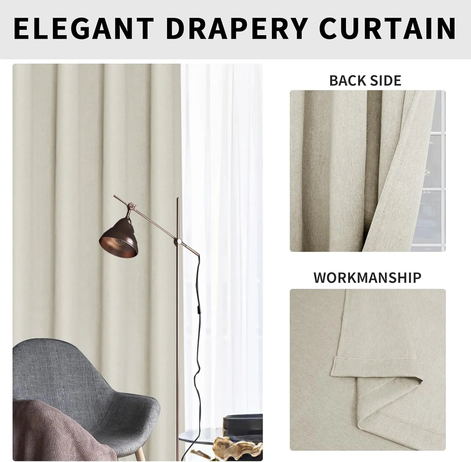 Easy-Going Linen Look Blackout Curtain 84 Inch Length Grommet Window Curtain Drapes for Bedroom, Living Room Thermal Insulated Room Darkening (Set of 2 Panels, Natural)