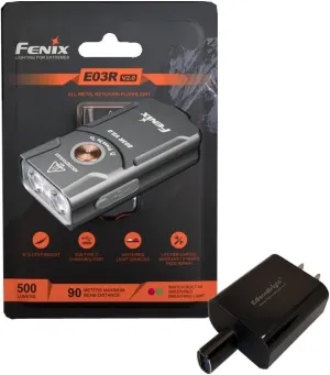 EdisonBright Fenix E03R V2 500 Lumen USB Rechargeable LED Keychain Flashlight, Charging Adapter Bundle (Grey)