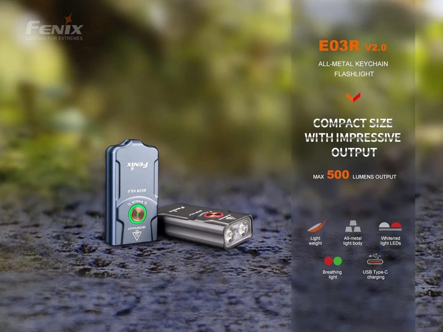 EdisonBright Fenix E03R V2 500 Lumen USB Rechargeable LED Keychain Flashlight, Charging Adapter Bundle (Grey)