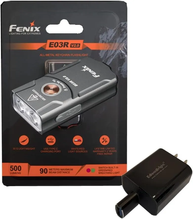 EdisonBright Fenix E03R V2 500 Lumen USB Rechargeable LED Keychain Flashlight, Charging Adapter Bundle (Grey)
