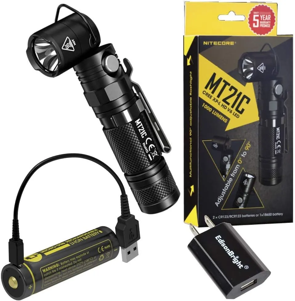 EdisonBright Nitecore MT21C 1000 Lumen 90 Degree Tilt-able Head LED Flashlight, NL1826R Rechargeable Battery USB Charging Cable Bundle