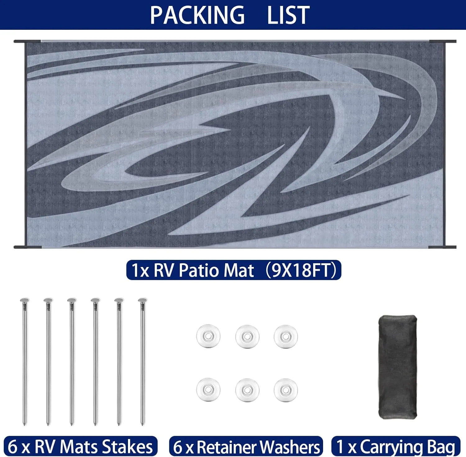 EEZ RV Products 9'x18' GW Heavy Duty Reversible/Durable Outdoor Patio/RVing Mats(9ft x18ft Grey) Come with Large Storage Bag & 6 Sets of Stakes and Washer