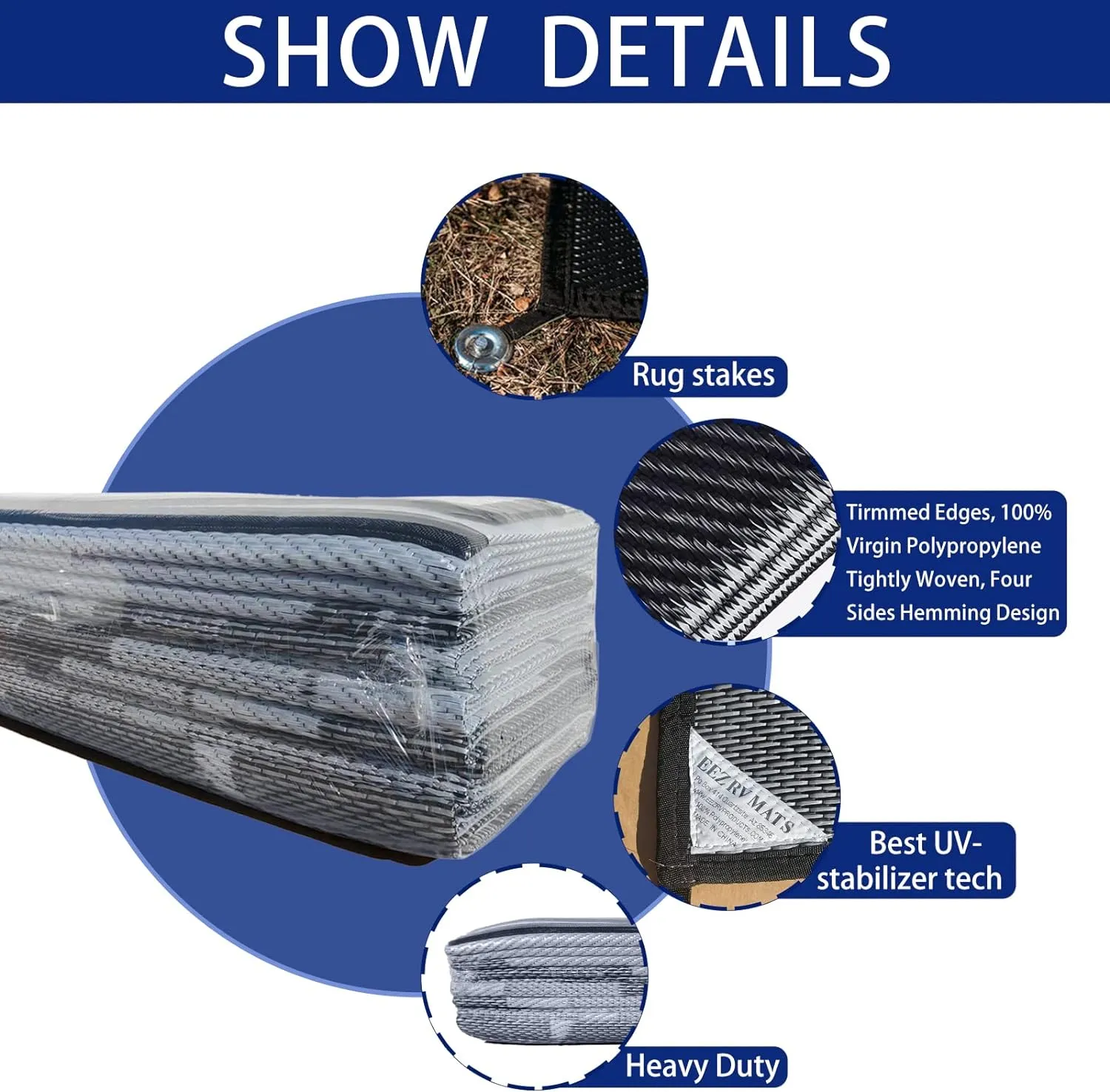 EEZ RV Products 9'x18' GW Heavy Duty Reversible/Durable Outdoor Patio/RVing Mats(9ft x18ft Grey) Come with Large Storage Bag & 6 Sets of Stakes and Washer
