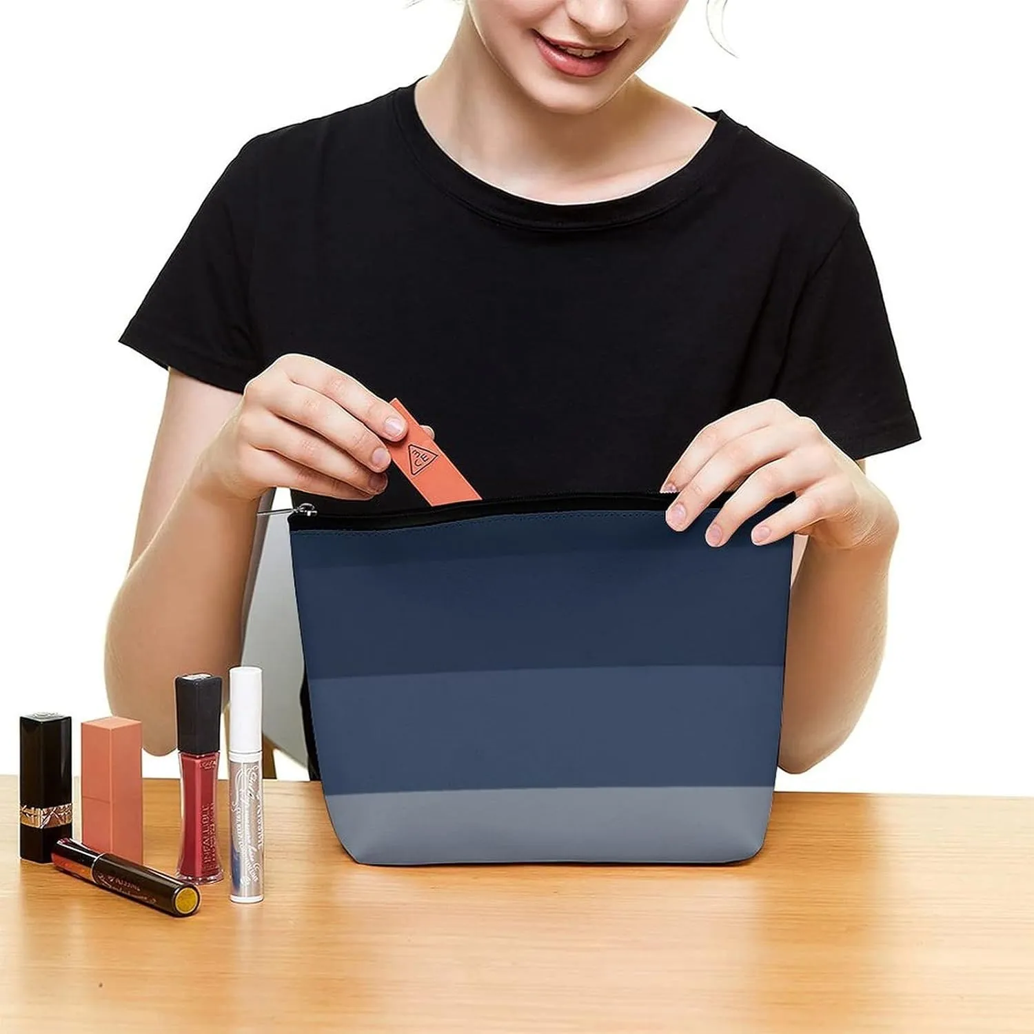 Elegant Makeup Bag, Modern Navy Blue Ombre Gray Classic Cosmetic Bag Large Capacity Pouch Portable Organizer for Men & Women