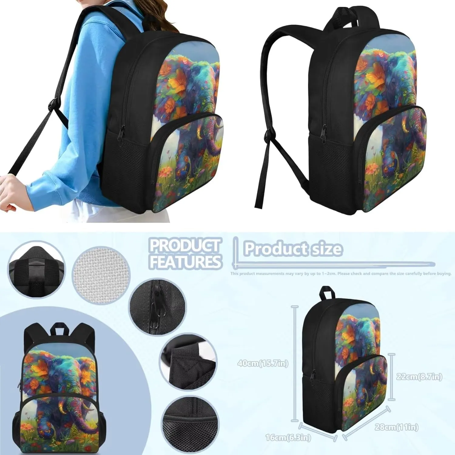 Elephants Print Backpack Lunchbox for Girls 5 to 12 Years Old Reusable Foldable Insulated Lunch Bag Lightweight Tote Bag for School for Middle School Junior Middle School