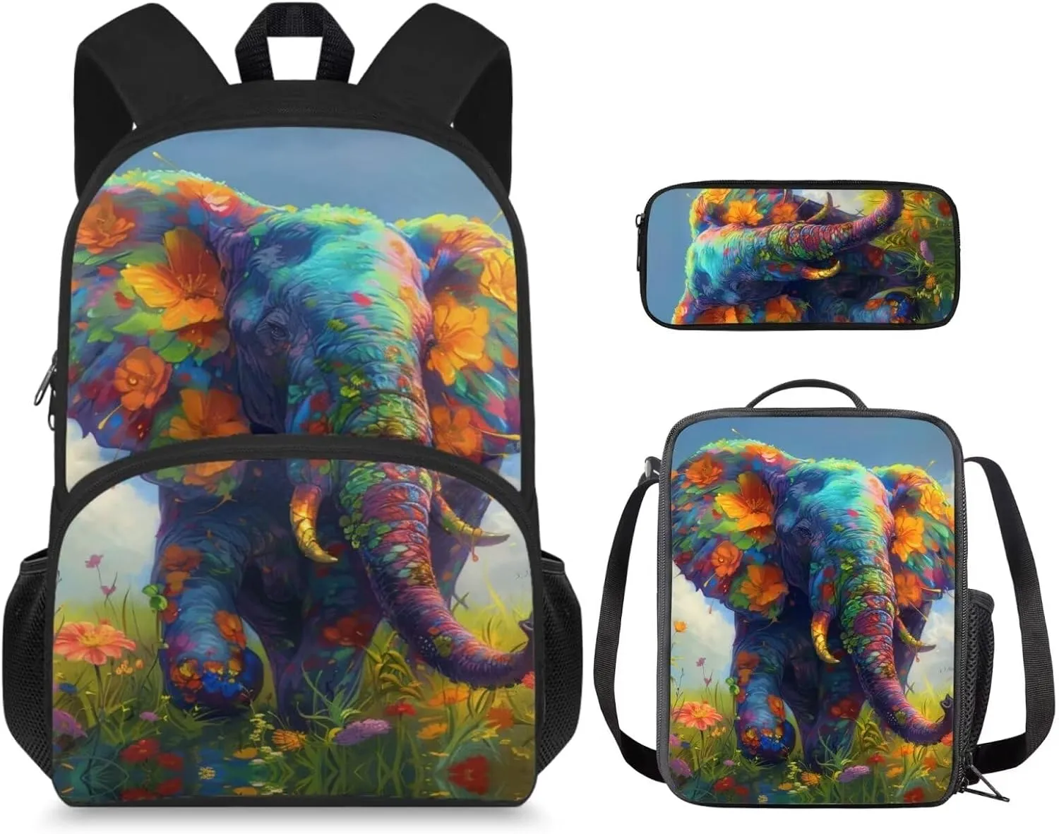 Elephants Print Backpack Lunchbox for Girls 5 to 12 Years Old Reusable Foldable Insulated Lunch Bag Lightweight Tote Bag for School for Middle School Junior Middle School