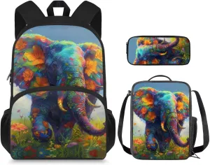 Elephants Print Backpack Lunchbox for Girls 5 to 12 Years Old Reusable Foldable Insulated Lunch Bag Lightweight Tote Bag for School for Middle School Junior Middle School
