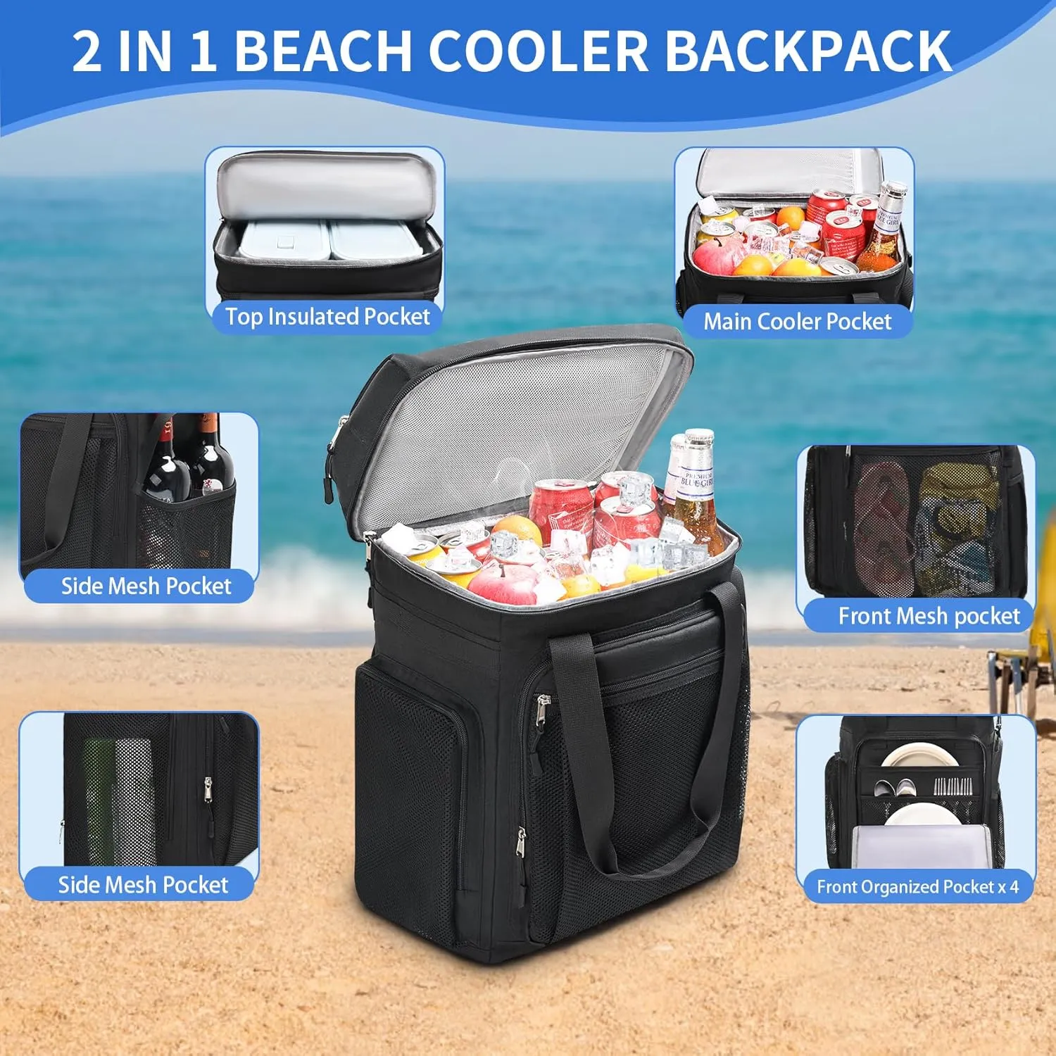 Estarer Beach Cooler Backpack Large, 42 Can Insulated Beach Backpack for Men & Women, Soft Leakproof Cooler Bag for Beach/Camping/Hiking/Picnic/Tavel/Outdoor
