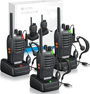 eSynic 3Pack Professional Walkie Talkies 5KM Long Range 16 Channels with LED Flashlight & Belt Clip Light Rain Resistant 1500mAh Rechargeable for Construction Site Outdoor Work Hiking Camping