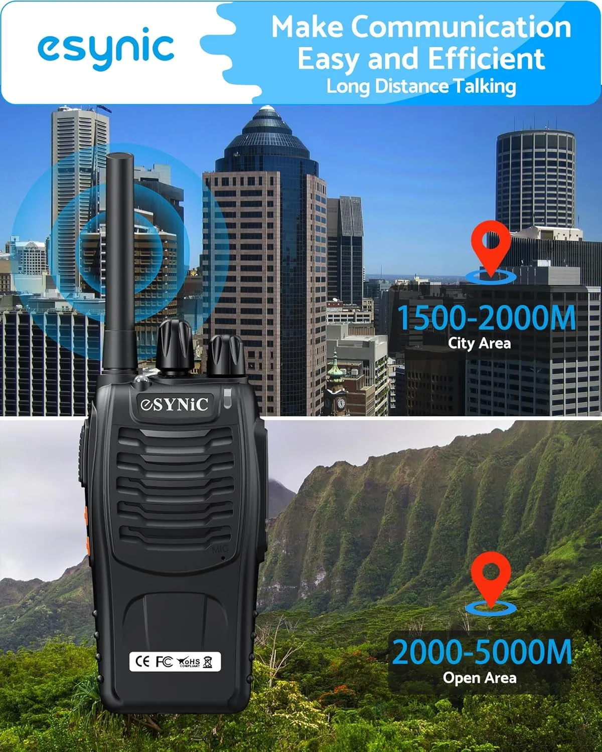 eSynic 3Pack Professional Walkie Talkies 5KM Long Range 16 Channels with LED Flashlight & Belt Clip Light Rain Resistant 1500mAh Rechargeable for Construction Site Outdoor Work Hiking Camping