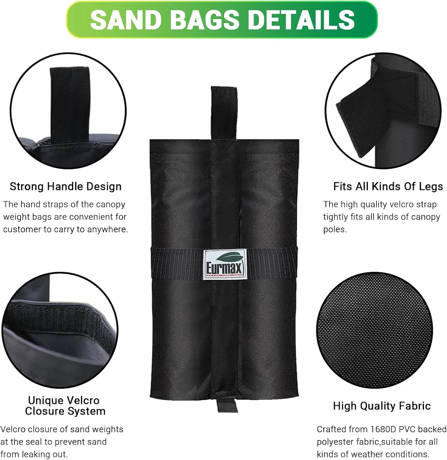 Eurmax USA Weight Bags for Pop up Canopy Outdoor Shelter,Gazebo Instant shelter Leg Canopy Weights, Sand Bags, Set of 4(Black)
