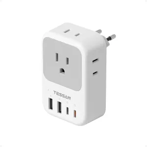 European Travel Plug Adapter, TESSAN International Power Adaptor with 4 Outlets 4 USB Ports (2 USB-C, 1 with PD 20W), Type C Adapter for US to EU Europe Spain Iceland France Italy Germany Portugal