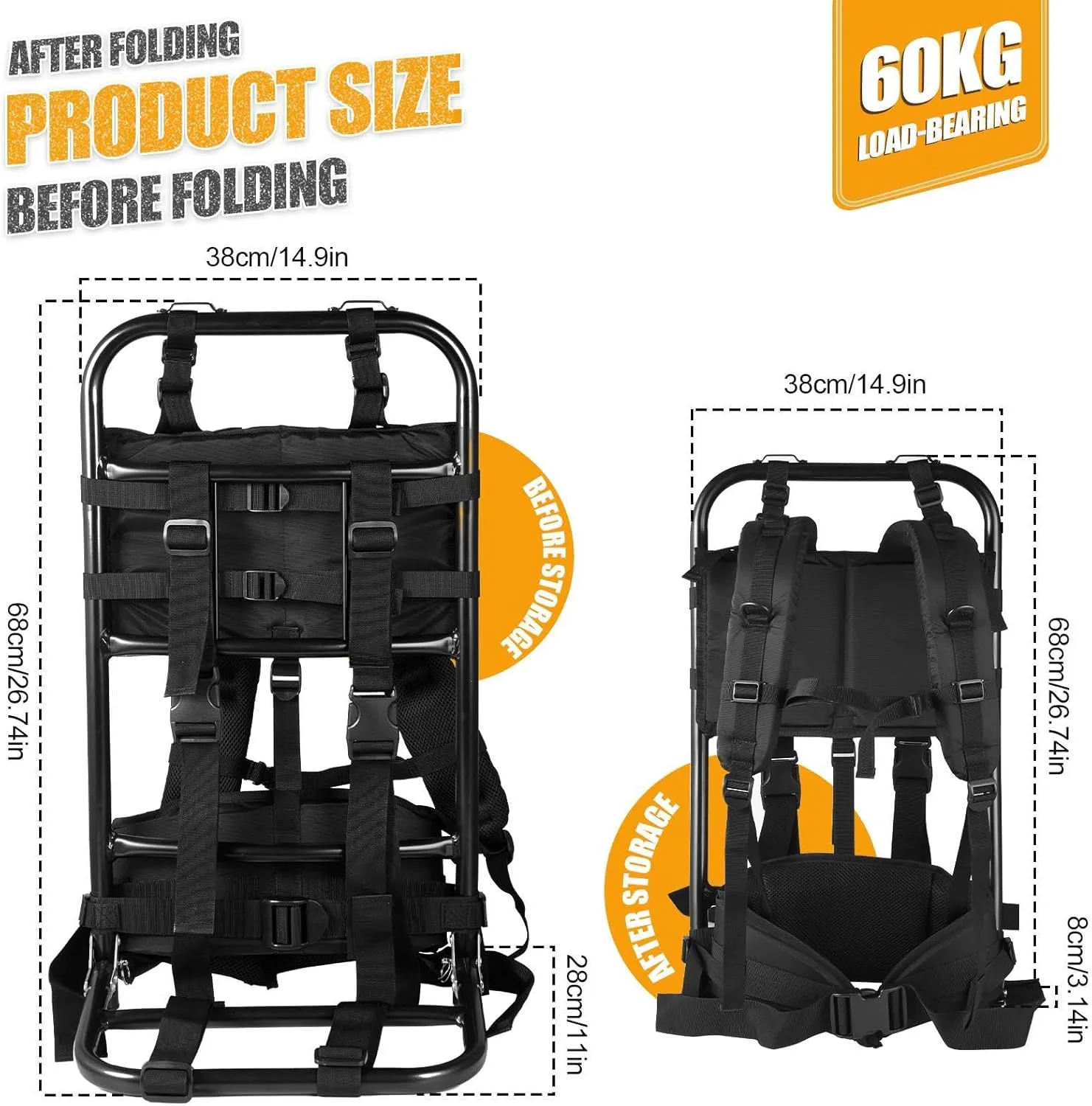 External Frame Hiking Backpack - Foldable Aluminum Hunting Pack Frame │ 60kg Load Capacity │ Adjustable Top Frame & Breathable Mesh for Camping, Hiking, Travel (Khaki)