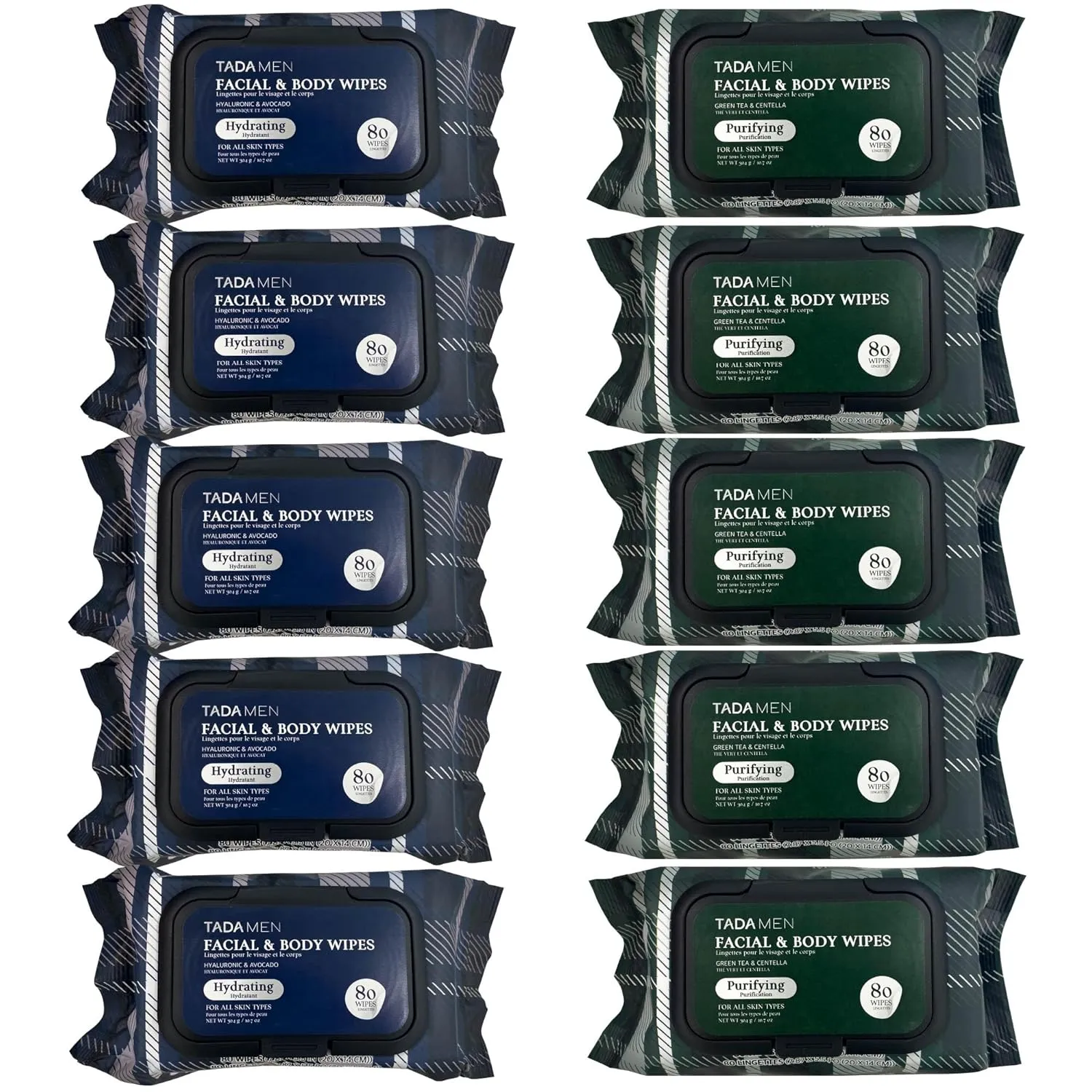 Face & Body Wipes for Men No Rinse, Cleansing Wipes for Adults Bulk Gym, Running, &Outdoor Activities - Green tea & Hyaluronic (10PK Mix)