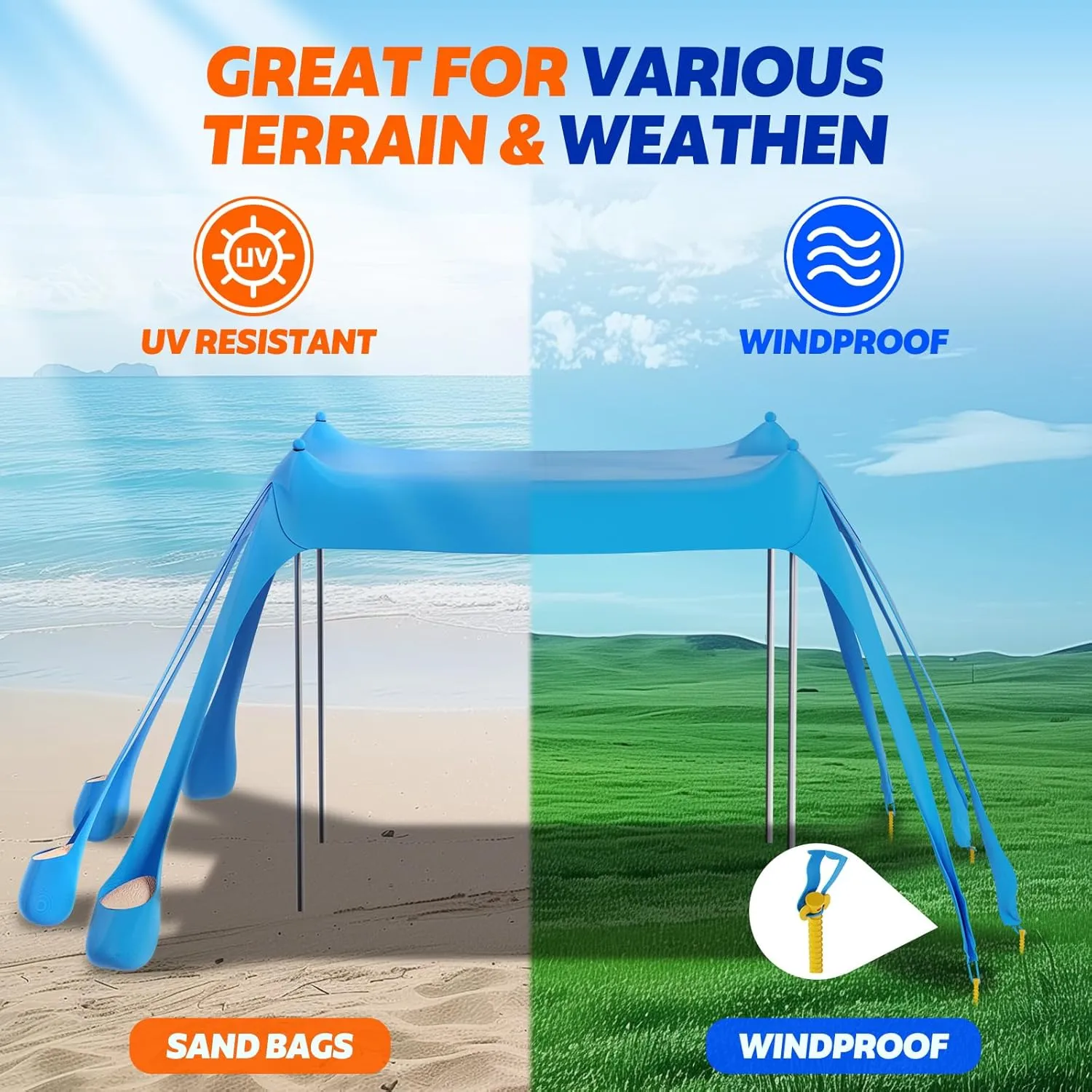 FAHKNS Beach Tent, Camping Sun Shade UPF50  with 8 Sandbags, Sand Shovel, Ground Spikes and Stabilizer Poles, 10x10ft Beach Sunshade, Beach Tent for Camping, Fishing and Picnicking (Sky Blue)