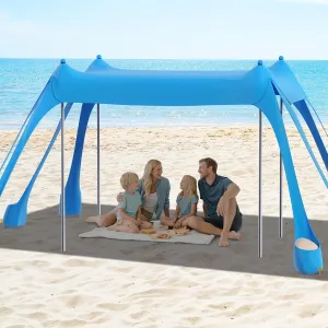 FAHKNS Beach Tent, Camping Sun Shade UPF50  with 8 Sandbags, Sand Shovel, Ground Spikes and Stabilizer Poles, 10x10ft Beach Sunshade, Beach Tent for Camping, Fishing and Picnicking (Sky Blue)