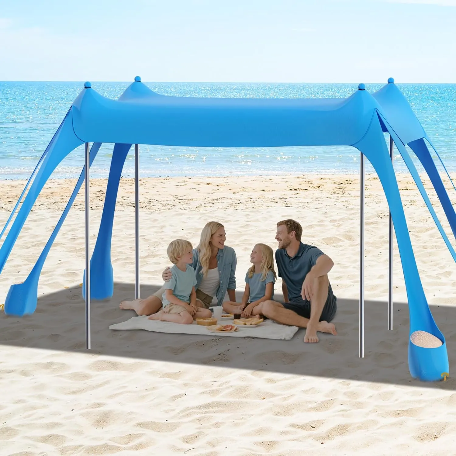 FAHKNS Beach Tent, Camping Sun Shade UPF50  with 8 Sandbags, Sand Shovel, Ground Spikes and Stabilizer Poles, 10x10ft Beach Sunshade, Beach Tent for Camping, Fishing and Picnicking (Sky Blue)