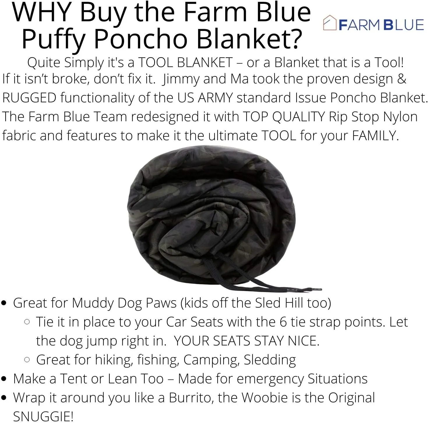 Farm Blue Black Camo Camping Military Blanket Tactical Woobie Blanket Poncho Liner - Lightweight, Multifunctional, All Weather Blankets - Camping Gear, Backpacking and Other Outdoor Activities