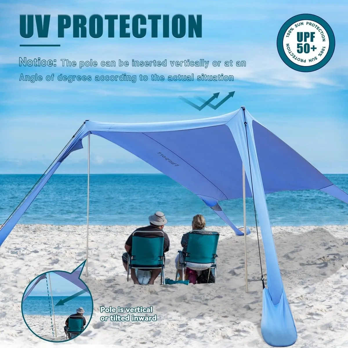 FBSPORT Beach Tent Sun Shelter, Portable Beach Shade Canopy UPF50  with Sandbags for Outdoor Family Camping, Fishing, Backyard Fun, Picnic, 7 x 7ft