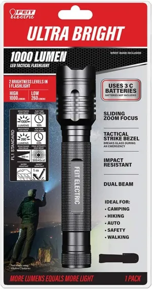 Feit Electric LED Tactical Flashlight - Aluminum Alloy - Zoomable Strike Bezel; Illuminate up to 1,000 feet - Adjustable Brightness from 260-1000 Lumen | Requires 3-C Batteries