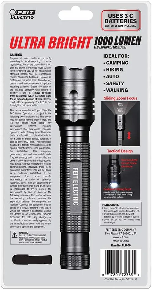 Feit Electric LED Tactical Flashlight - Aluminum Alloy - Zoomable Strike Bezel; Illuminate up to 1,000 feet - Adjustable Brightness from 260-1000 Lumen | Requires 3-C Batteries