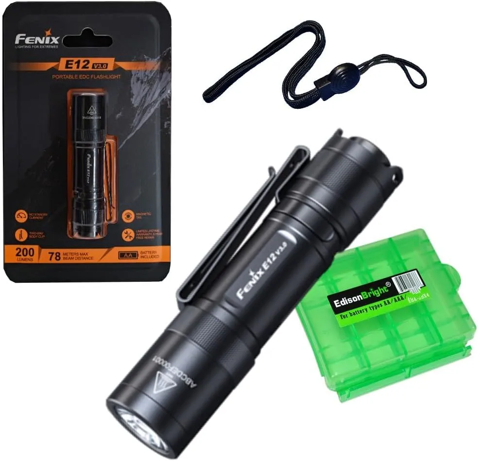Fenix E12 V3 200 Lumen Compact LED AA Battery EDC Flashlight with EdisonBright AA Battery Carrying case