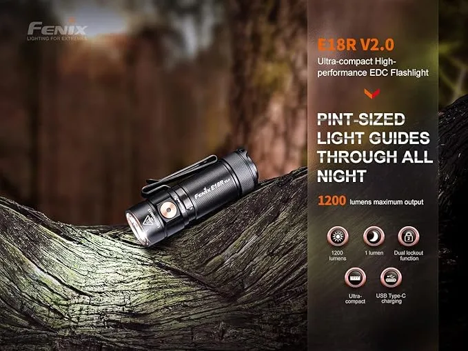 Fenix E18R V2.0 1200 Lumens EDC USB-C Rechargeable Flashlight with 2X ARB-L16 and a Lumentac Organizer