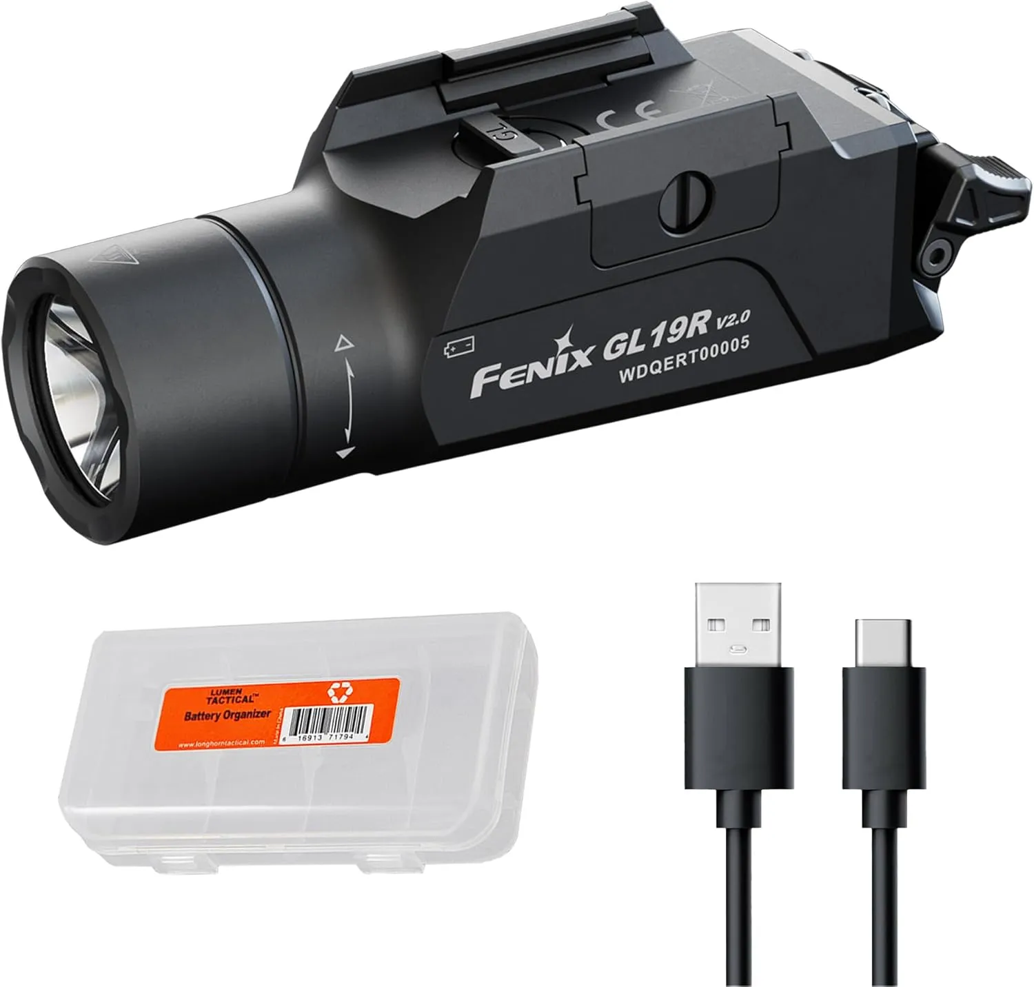 Fenix GL19R v2.0 1200 Lumen Quick Release Rail Mounted Flashlight, USB-C Rechargeable, 459 Yards Long Range with Organizer