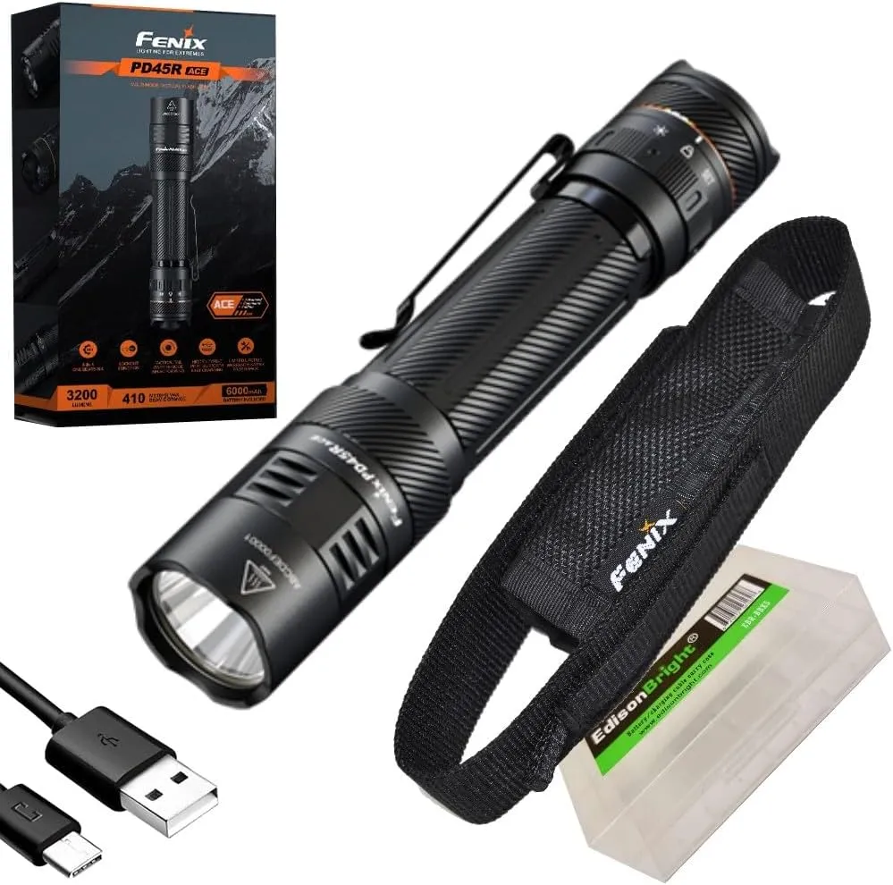 Fenix PD45R ACE 3200 Lumen Rechargeable LED Tactical Flashlight, Battery, Holster, EdisonBright Accessory case Bundle