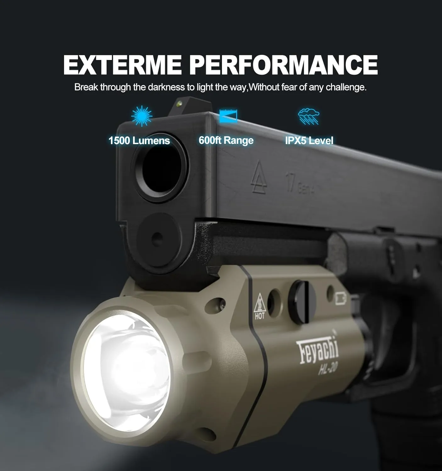 Feyachi HL-20 Pistol Light 1500 Lumen Upgrade LED Weapon Light Compact Rail Mounted Handgun Tactical Flashlight Rail Locating Keys for Picatinny, Sand