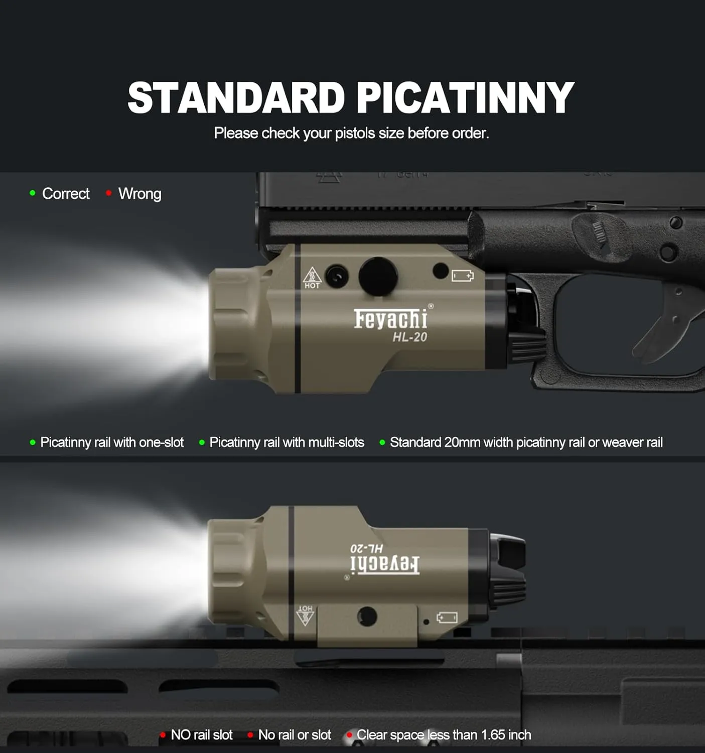 Feyachi HL-20 Pistol Light 1500 Lumen Upgrade LED Weapon Light Compact Rail Mounted Handgun Tactical Flashlight Rail Locating Keys for Picatinny, Sand