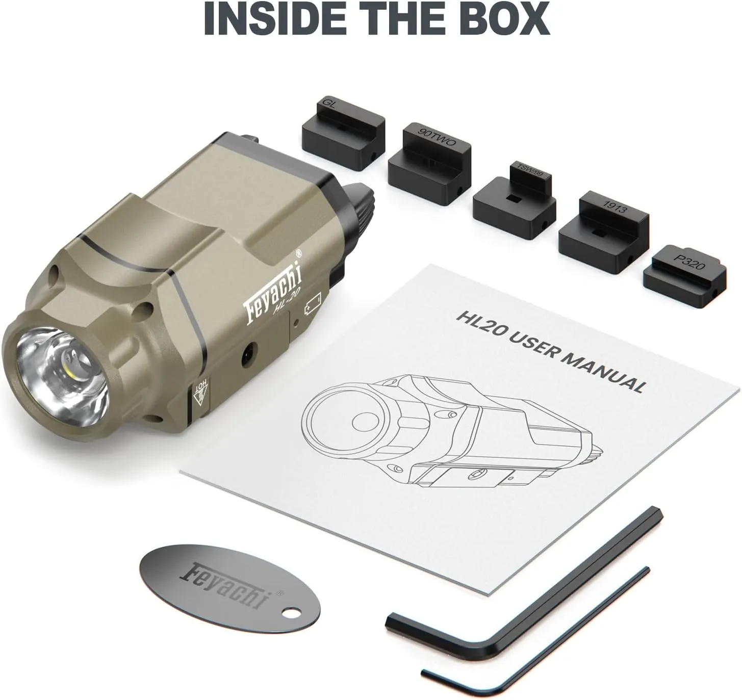 Feyachi HL-20 Pistol Light 1500 Lumen Upgrade LED Weapon Light Compact Rail Mounted Handgun Tactical Flashlight Rail Locating Keys for Picatinny, Sand
