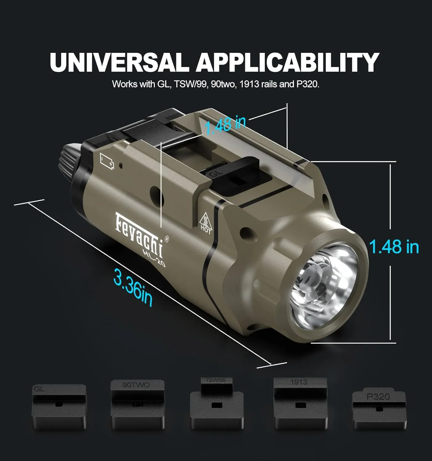Feyachi HL-20 Pistol Light 1500 Lumen Upgrade LED Weapon Light Compact Rail Mounted Handgun Tactical Flashlight Rail Locating Keys for Picatinny, Sand