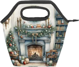 Fireplace New Year Lunch Tote Bags for Women Men, Reusable Insulated Lunch Tote Box for Women Men Lunch Bag for Work Travel Picnic Beach
