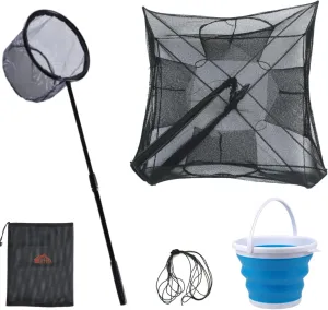 Fishing Bait Trap Collapsible Fish Bucket Kids Net Lightweight Aluminum Pole Non-Slip Handle Catch Small Fish Crab Crawfish Cage Casting Net Dip Cage 4 Hole Fishing Accessories